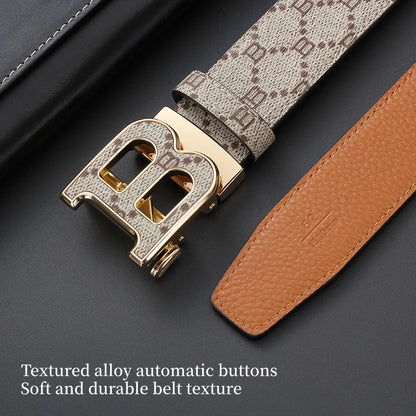 Classic B Print Leather Belt for Men - Adjustable Ratchet Buckle Dress Belt for Suits & Trousers