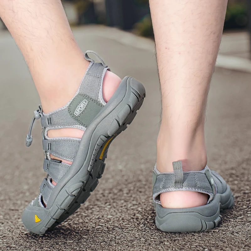 Outdoor Summer Men Sandals Leather Mens Casual Shoes Non-Slip Male Beach Shoes Anti-collision Toe Roman Flats Flip-flops 38-48