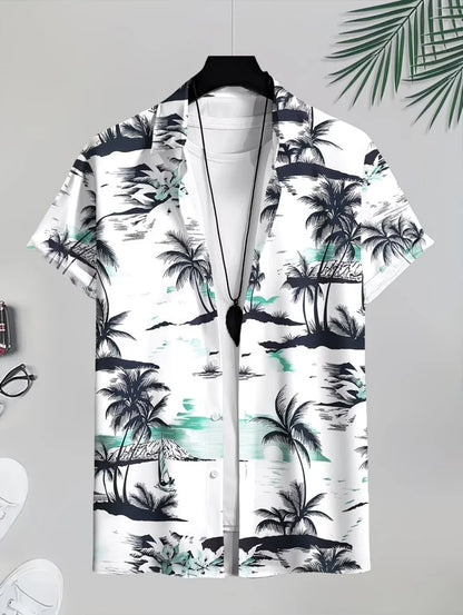 Men's Coconut Tree Graphic Print Short Sleeve Lapel Shirt Tops Men's Casual Button-Down Shirts for Summer Daily Wear Men Clothes