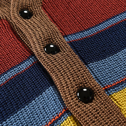Trendy Mens Knitted Cardigans 2025 Spring Casual Button-up Lapel Sweatercoats Men Vintage Rainbow Striped Sweater Jacket Coats