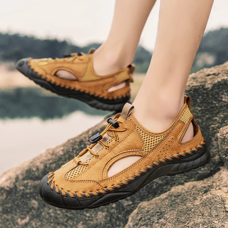 Summer Men Full Casual Leather Hand Stitch Big Size Outdoor Beach Sandals Closed Toe Non Slip Comfort New Summer Walking Shoes