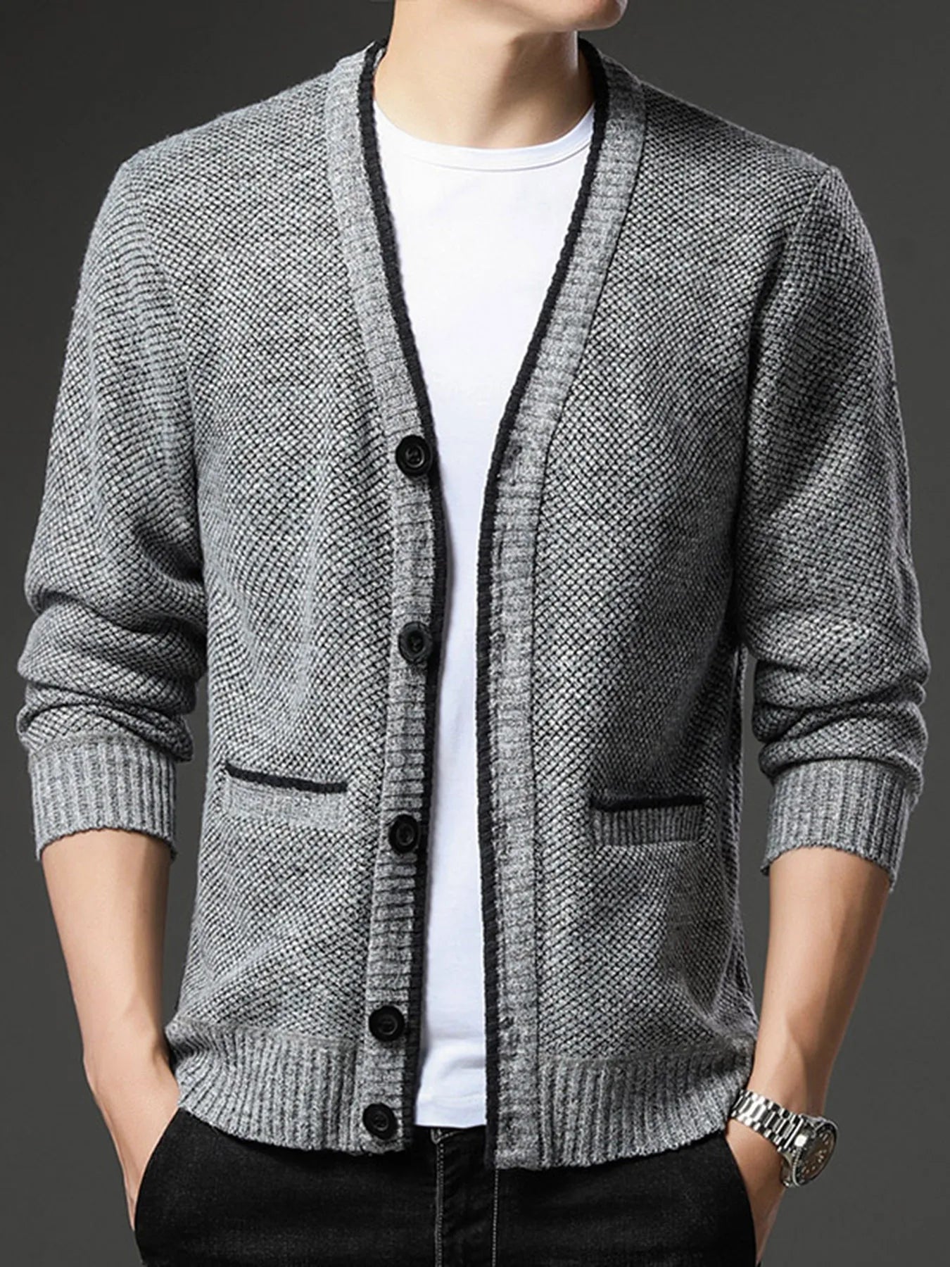 Men's Fleece Lined Knit Cardigan, V-Neck Button Sweater Jacket, Warm Casual Business Knitwear Coat for Autumn Winter