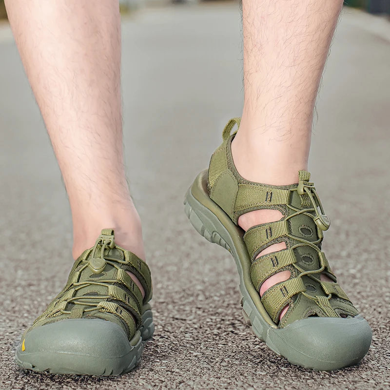 Outdoor Summer Men Sandals Leather Mens Casual Shoes Non-Slip Male Beach Shoes Anti-collision Toe Roman Flats Flip-flops 38-48