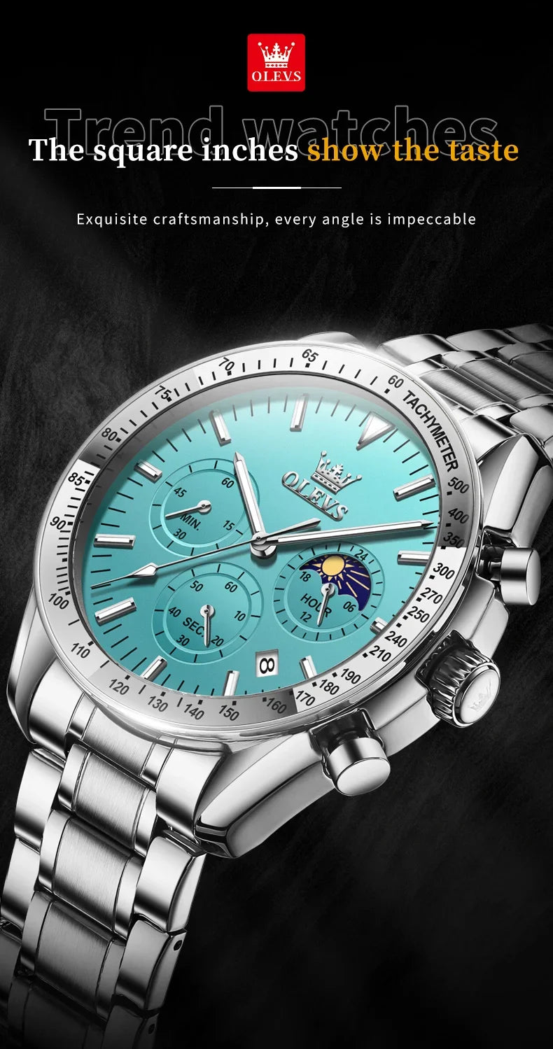 OLEVS 3618 Waterproof Luminous Date Moon Chronograph Wristwatches Mens Luxury Stainless Steel Quartz Watch for Men Reloj Hombre