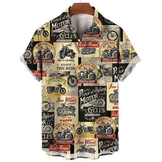 Vintage Men's Shirts Motorcycle Tees Route 66 Print Short Sleeve Top Summer Clothing Multiple Pattern Shirt Oversized Streetwear