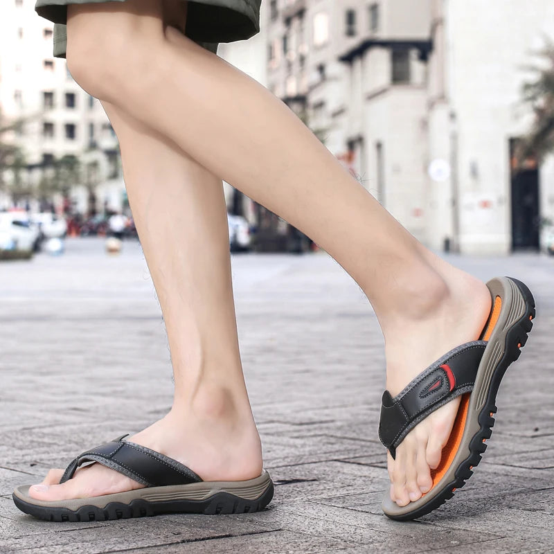 Men Sport Thong Slippers Genuine Leather Upper Adjustable Hook Loop Shock Absorb Anti Slip MD Sole Daily Beach Casual Flip Flops