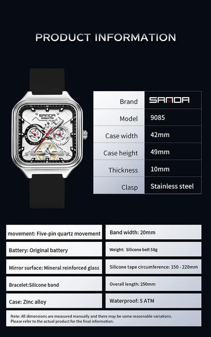 SANDA New Casual Men's Square Watches Fashion Hollow Skeleton Luminous 5ATM Waterproof Multifunction Chronograph Quartz Watch