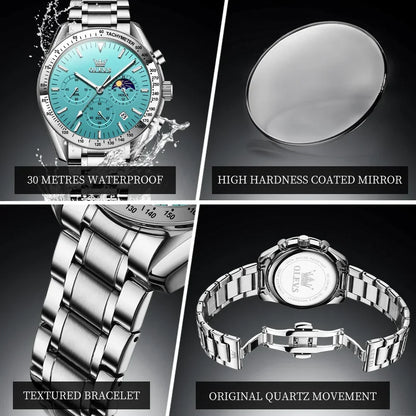 OLEVS 3618 Waterproof Luminous Date Moon Chronograph Wristwatches Mens Luxury Stainless Steel Quartz Watch for Men Reloj Hombre