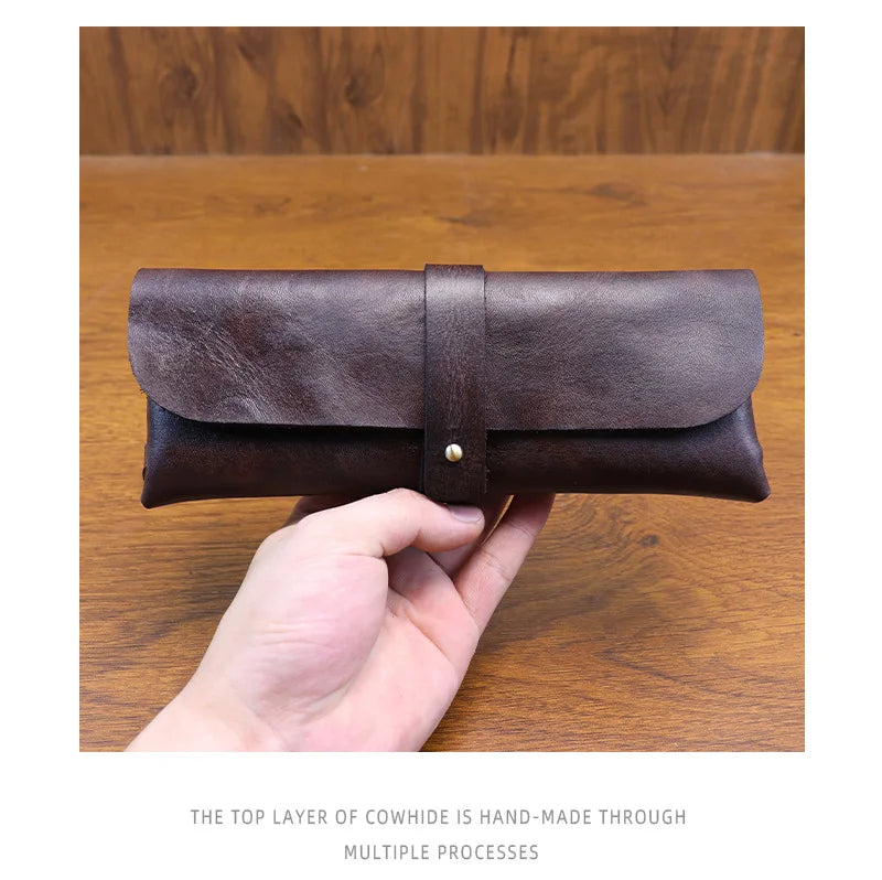 Genuine Leather Men Pencil Bag Handmade Wallet Large Capacity Retro Glasses Storage Bag Stationery Pencil Case Unisex Purses