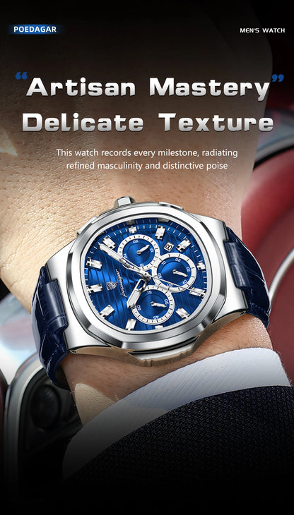 POEDAGAR Top Business Man Wristwatch Date Chronograph Waterproof Luminous Luxury Men Watch Leather Quartz Men's Watches Male+Box