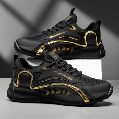 Trendy Black and Gold Color-Blocking Mesh Casual Shoes, Men's Breathable Shock-Absorbing Thick-Soled Sneakers, Versatile Soft-Soled Non-Slip Men's Shoes for Daily Commuting