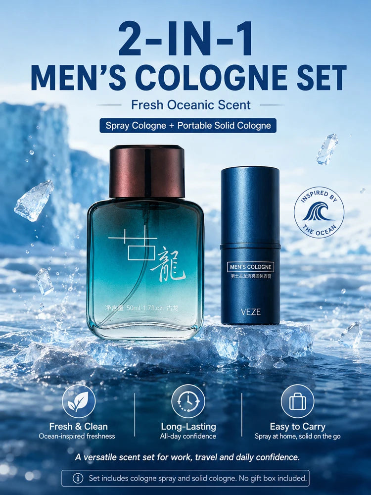 2Pcs Men Cologne Set Ocean Fresh Spray Perfume & Solid Cologne Long Lasting Portable Fragrance Gift for Him Travel Daily