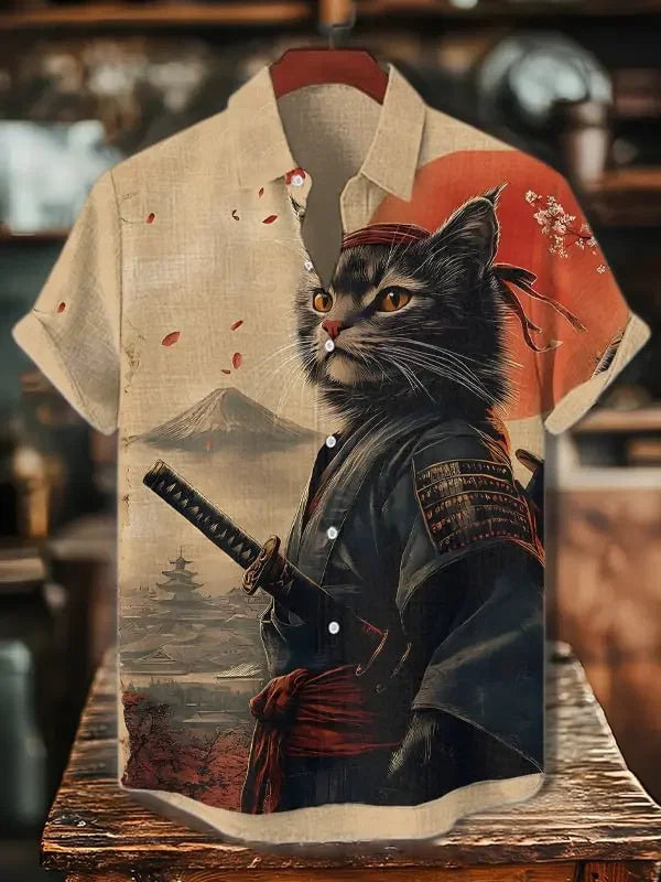 Men's Edo Cat Samurai Warrior Japanese Art Anime Shirts 3D Print Casual Hawaiian Shirts Summer Men Women Short Sleeve Blouse Top