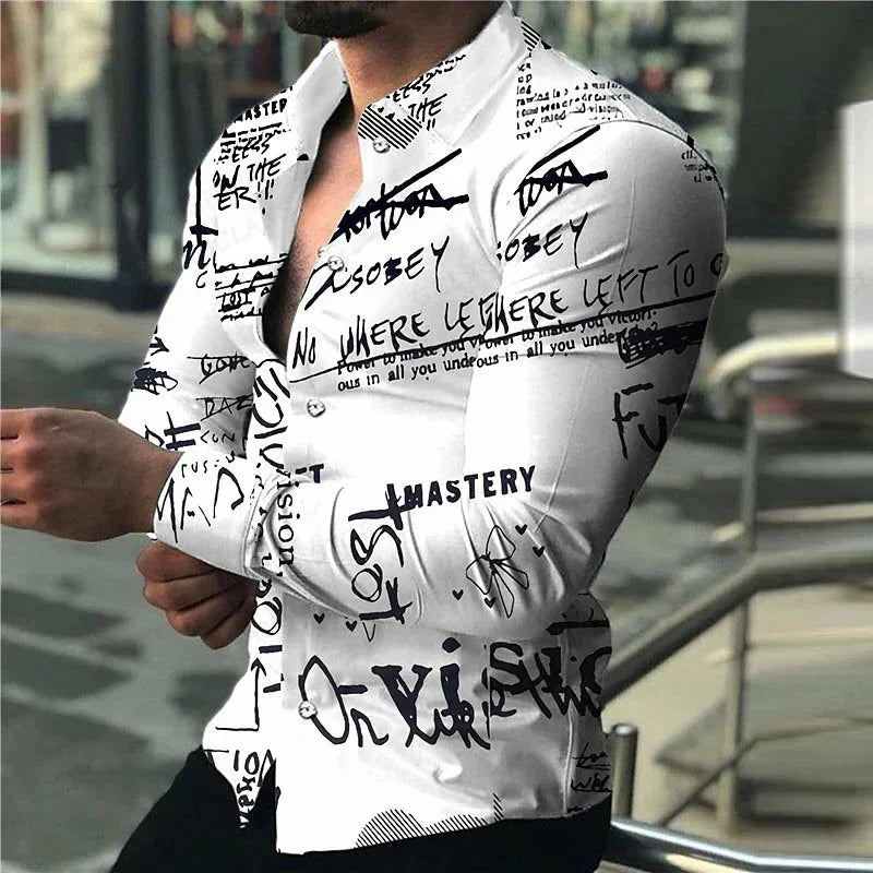 Men's Western Shirt Vintage Pattern Lapel Long Sleeve Button Print Top Fashion Streetwear Designer Western Style