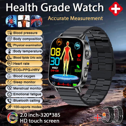2026 Top Nursing Grade ECG+PPG Smart Watch Men Accurate Blood Pressure Lipids Uric Acid 2.0-inch AMOLED Screen HD Call Watch Men