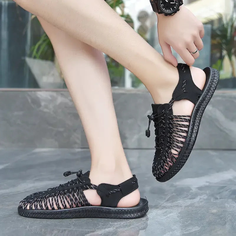Summer Men Sandals Women Slippers Weaving Design Beach Sandals Breathable Casual Flat Sandals Outdoor Couples Sandals Size 48