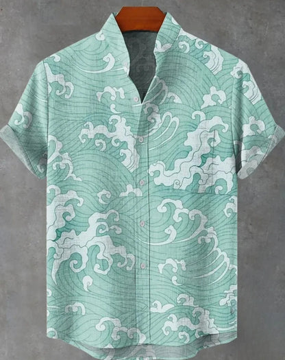 Men's striped Hawaiian shirt, casual short-sleeved top, loose and fashionable, vintage summer shirt