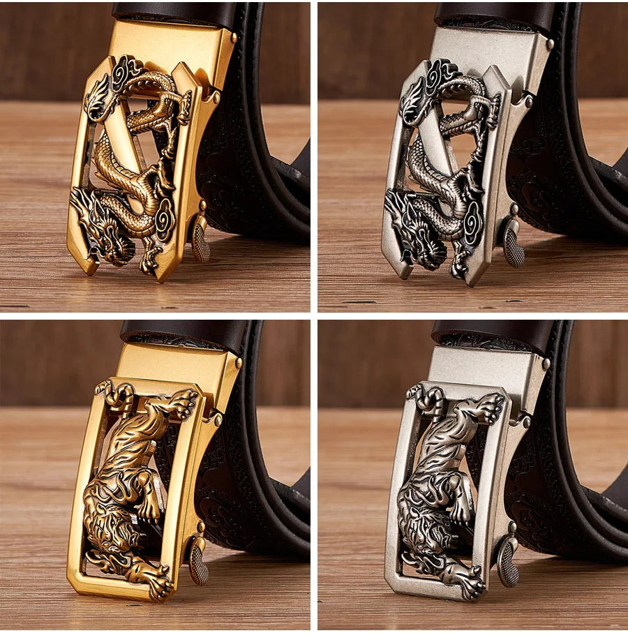 3.5cm Fashion Embossing Retro Male Belts for Men Business Split Leather Belt Dragon Pattern Automatic Buckle Strap