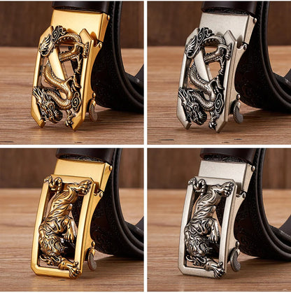3.5cm Fashion Embossing Retro Male Belts for Men Business Split Leather Belt Dragon Pattern Automatic Buckle Strap