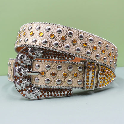 Punk Skull Leopard Rhinestones Belt Diamond Bling Men Western Cowgirl Cowboy Luxury Strap Studded Belts