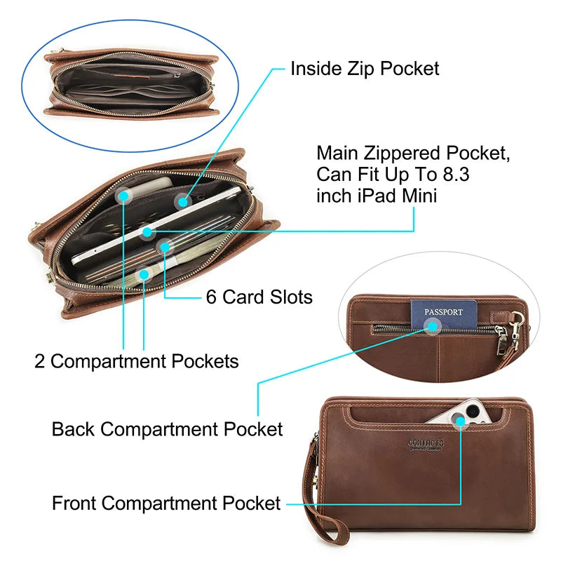 CONTACT'S Genuine Leather Handbag Men Vintage Small Cluth Bag 6 Card Holder iPad Mini Metal Lock Travel Business Pouch Bag