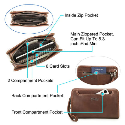 CONTACT'S Genuine Leather Handbag Men Vintage Small Cluth Bag 6 Card Holder iPad Mini Metal Lock Travel Business Pouch Bag