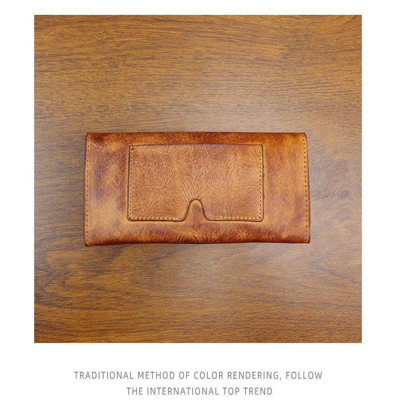 Genuine Leather Retro Men Handmade Wallet Handbag High Quality Phone Pocket Simple Card Bag Big Capacity Male Purses
