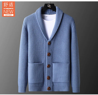 Men's Casual Knitted Open Cardigan Pockets Sweater Loose Korean Style V-Neck Autumn Fashion Light Maturity Spring Fall Outerwear
