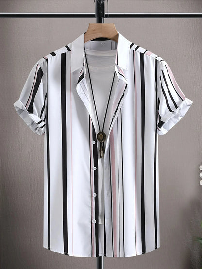 Summer Men's Colorful Stripes3DPattern Printed Street Fashion Casual Short-Sleeved Shirt - OutdoorQuick-Drying Short-SleeveShirt