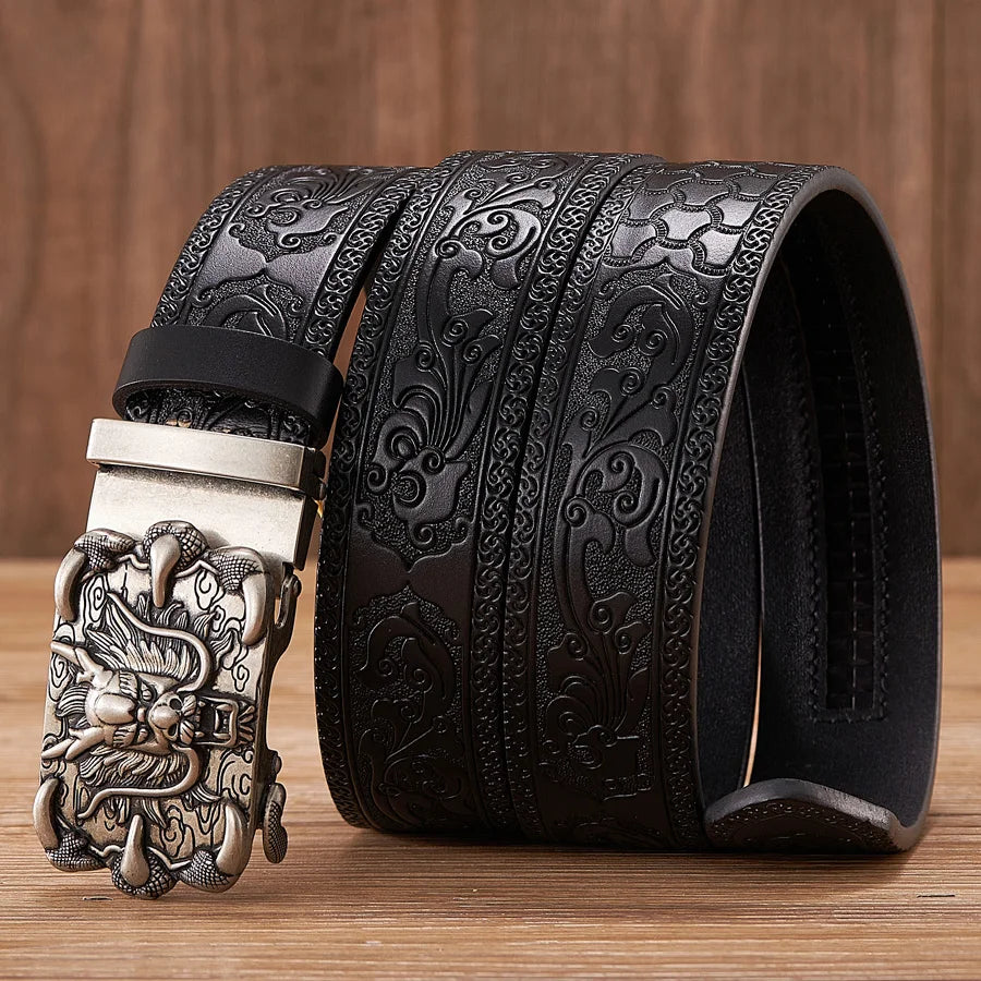 3.5cm Fashion Embossing Retro Male Belts for Men Business Split Leather Belt Dragon Pattern Automatic Buckle Strap
