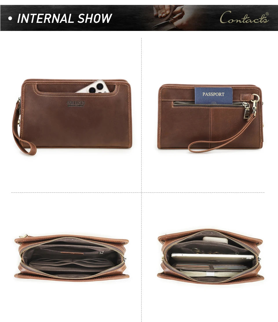 CONTACT'S Genuine Leather Handbag Men Vintage Small Cluth Bag 6 Card Holder iPad Mini Metal Lock Travel Business Pouch Bag