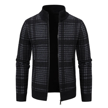 Mens Sweaters Jacket Full Zip Fleeced Sweater Cardigan Plaid Stand Collar Sweaters Coat Autumn Winter Homme Clothes