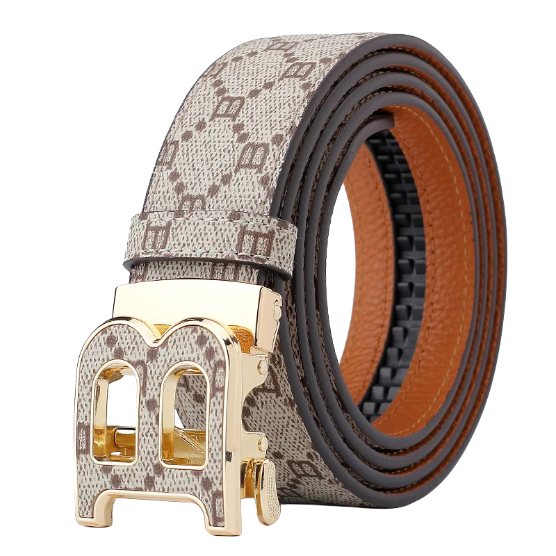Classic B Print Leather Belt for Men - Adjustable Ratchet Buckle Dress Belt for Suits & Trousers
