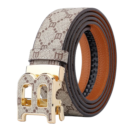 Classic B Print Leather Belt for Men - Adjustable Ratchet Buckle Dress Belt for Suits & Trousers