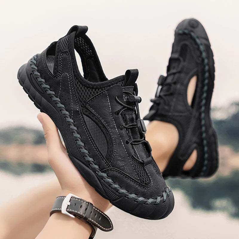 Summer Men Full Casual Leather Hand Stitch Big Size Outdoor Beach Sandals Closed Toe Non Slip Comfort New Summer Walking Shoes