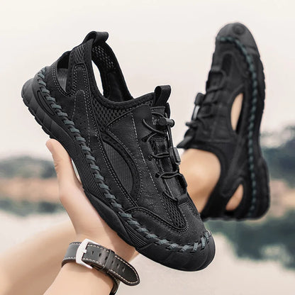 Summer Men Full Casual Leather Hand Stitch Big Size Outdoor Beach Sandals Closed Toe Non Slip Comfort New Summer Walking Shoes