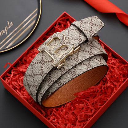 Classic B Print Leather Belt for Men - Adjustable Ratchet Buckle Dress Belt for Suits & Trousers