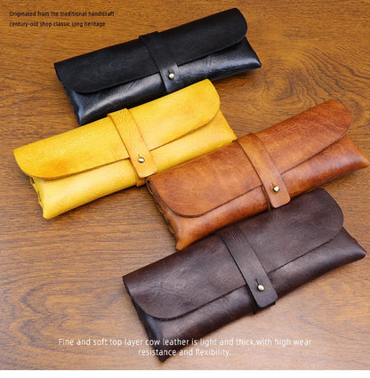 Genuine Leather Men Pencil Bag Handmade Wallet Large Capacity Retro Glasses Storage Bag Stationery Pencil Case Unisex Purses