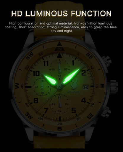 PLAYBOY Luxury Quartz Men's Watches Fashion Casual Leather Strap Sports Chronograph Wristwatch Original Waterproof Watches 3303