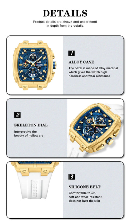 CURREN Luxury Vintage Watch for Men Sports Chronograph Quartz Wristwatches with Silicone Strap,Date,Luminous