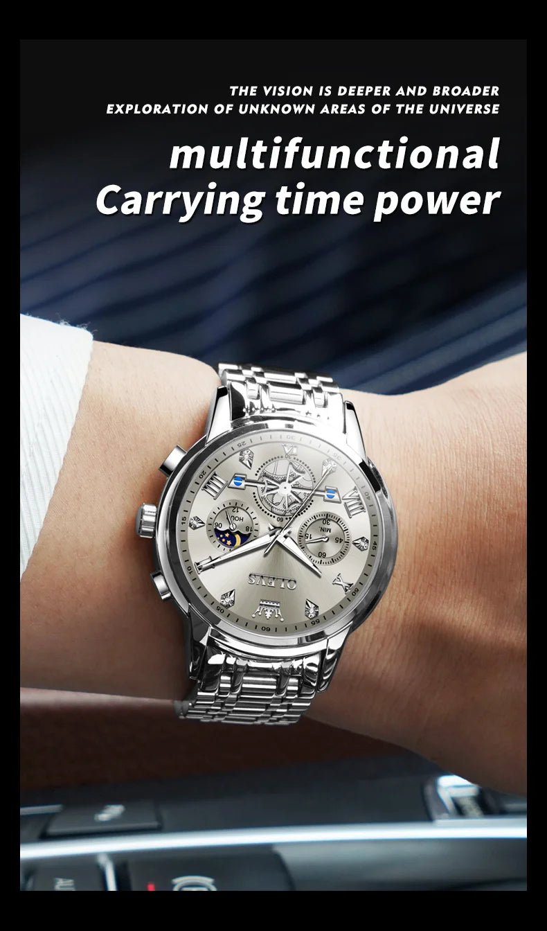 OLEVS Men's Watches Classic Multifunctional Flywheel Chronograph Original Quartz Wristwatch Moon Phase 24 Hour Waterproof Reloj