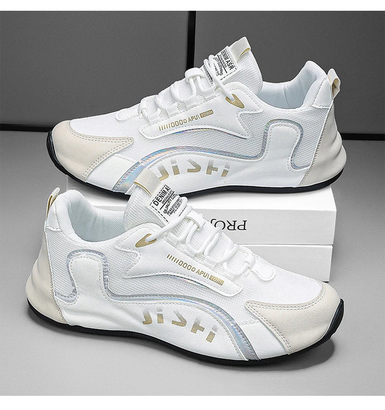 Trendy Black and Gold Color-Blocking Mesh Casual Shoes, Men's Breathable Shock-Absorbing Thick-Soled Sneakers, Versatile Soft-Soled Non-Slip Men's Shoes for Daily Commuting
