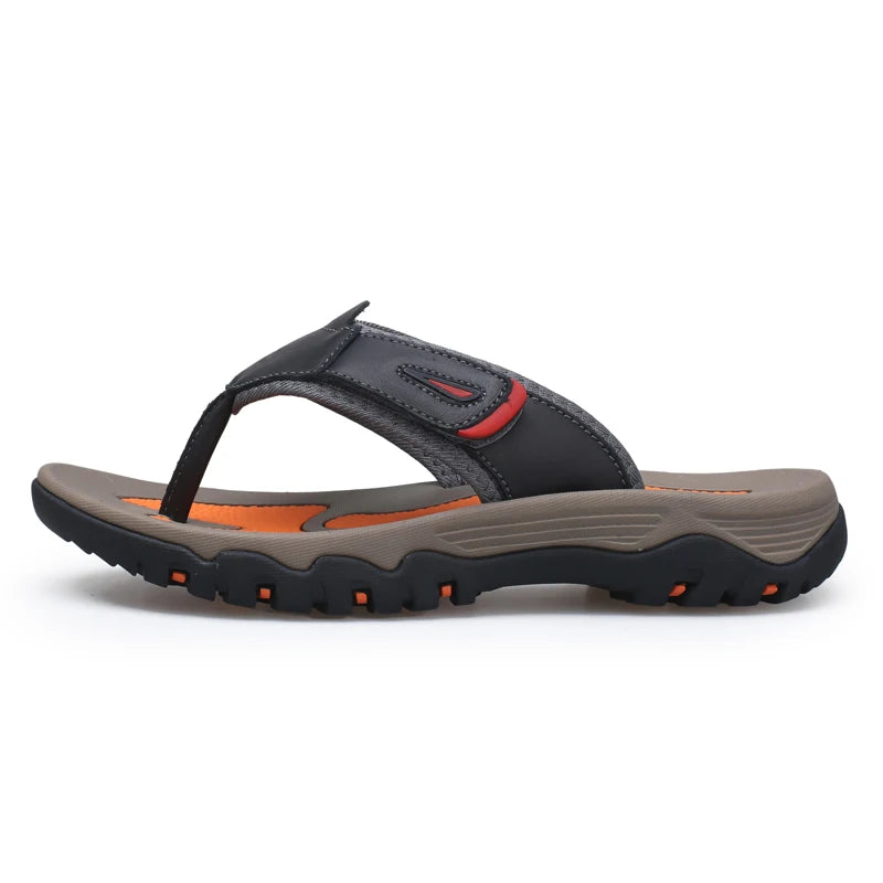 Men Sport Thong Slippers Genuine Leather Upper Adjustable Hook Loop Shock Absorb Anti Slip MD Sole Daily Beach Casual Flip Flops