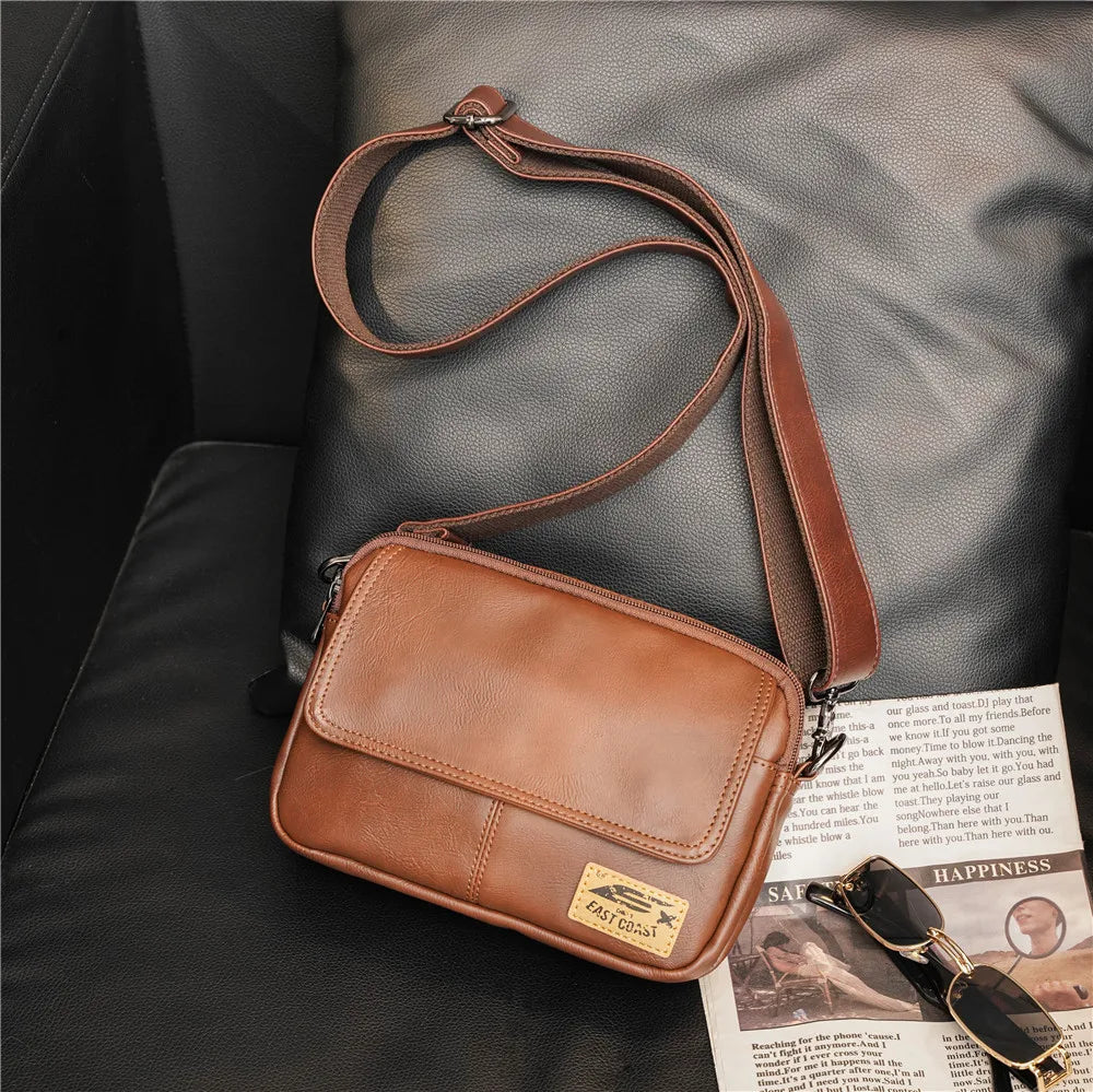 Vinatge Men's Crossbody Bag Soft PU Leather Shoulder Bag For Men Fashion Square Crossbody Messenger Bag Flap Zipper Satchels