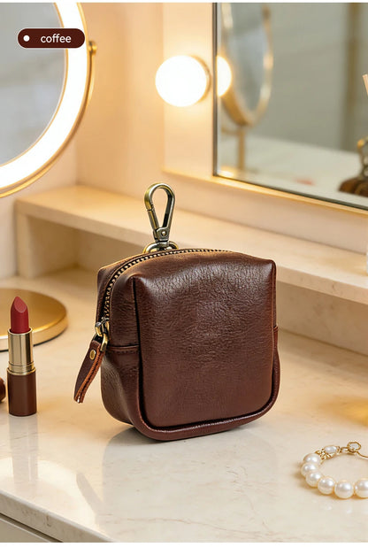 Men's Coin Purse, Genuine Leather Mini Coin Wallet Zipper Pocket with Back Belt Loop Lanyard, Lightweight Keychain Pouch for Men