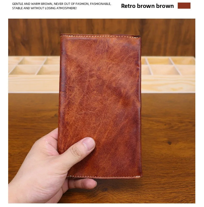 Large Capacity Men Wallet Vintage Genuine Cow Leather Handbag Card Holder Phone Pocket High Quality Handmade Male Money Clips