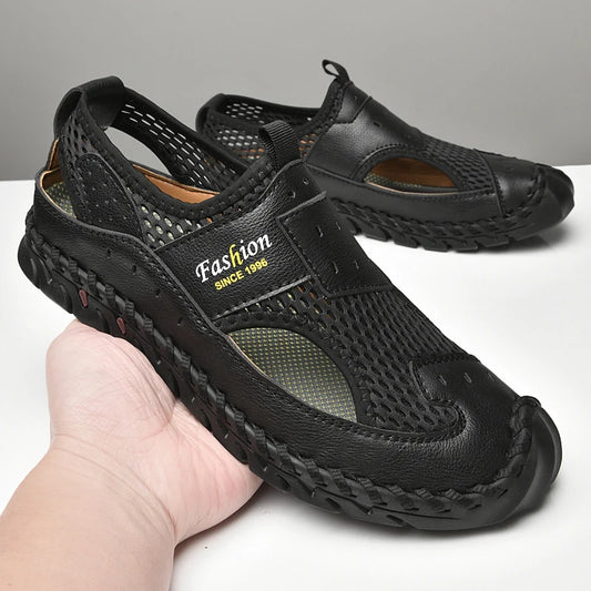 Summer Sandals Breathable Men Shoes Leather & Mesh Outdoor Men Sandals Antiskid Beach Sandals Hollow Flats Footwear Handmade New
