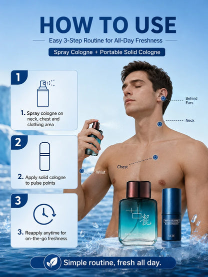 2Pcs Men Cologne Set Ocean Fresh Spray Perfume & Solid Cologne Long Lasting Portable Fragrance Gift for Him Travel Daily