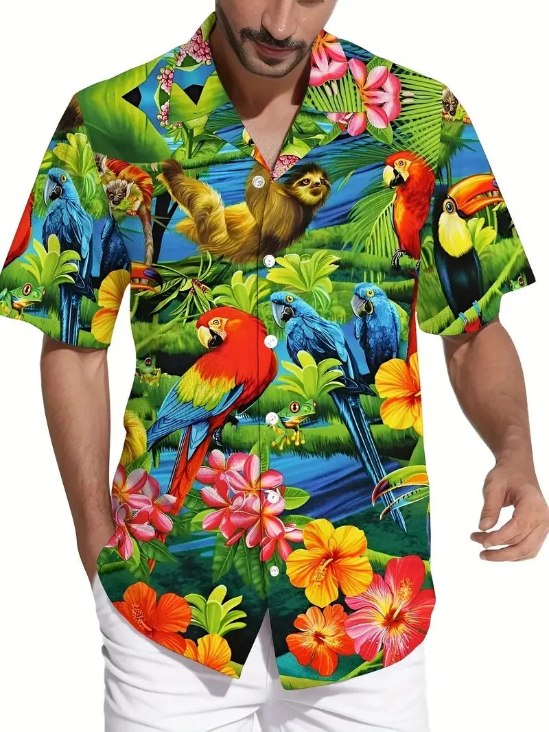 Men's vibrant parrot floral print Hawaiian shirt, men's summer vacation casual short-sleeved button-up beach shirt