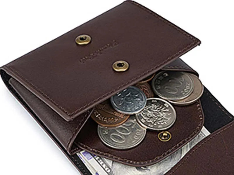 Pomelo Best Portable Men's Bifold Small Vintage Genuine Fine Grain Leather Wallet with Coin Compartment Press Stud Gift for Men
